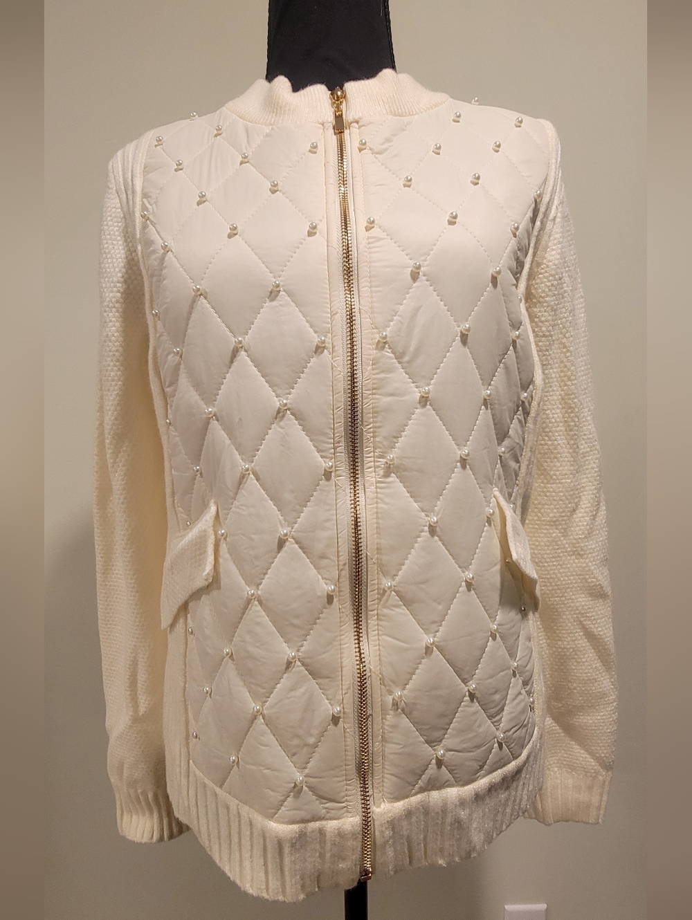 Cream Quilted Pearl-Detail Bomber Jacket